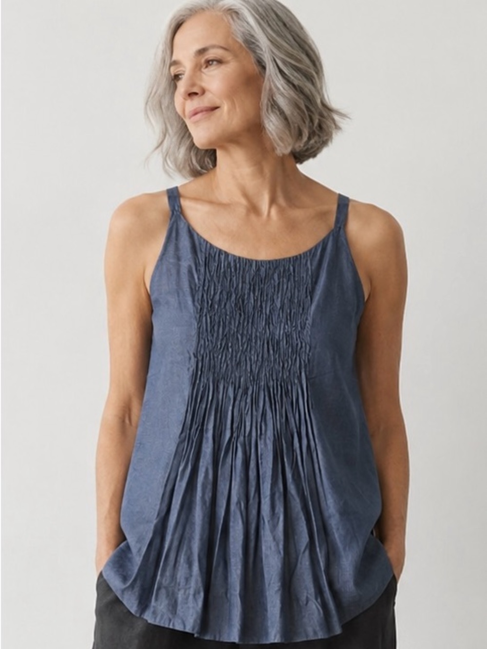 Eileen Fisher Blue Silk Pin-Tuck Cami Top, Bodice Sequins, Parties, Resort, S